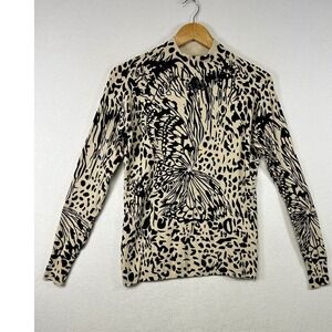 Vertigo Paris Mock Neck Long Sleeve Cream Black Butterfly Print Women's L